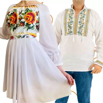 Set Cuplu Traditional 403 Camasa Traditionala si Rochie cu motive traditionale imagine