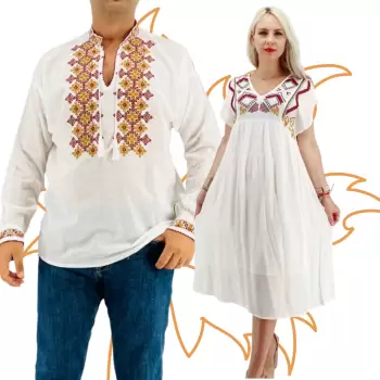 Set Cuplu Traditional 410 Camasa Traditionala si Rochie Traditionala imagine