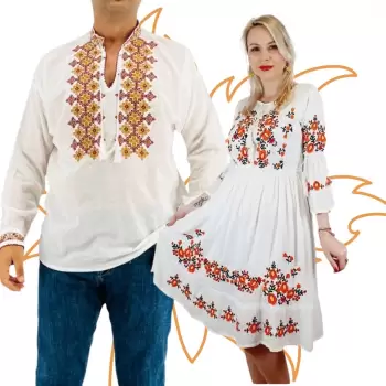 Set Cuplu Traditional 411 Camasa Traditionala si Rochie Traditionala imagine