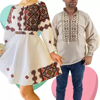 Set Cuplu Traditional 423 Camasa Traditionala si Rochie cu motive traditionale imagine