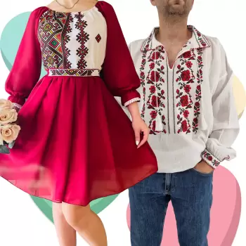 Set Cuplu Traditional 424 Camasa Traditionala si Rochie cu motive traditionale imagine