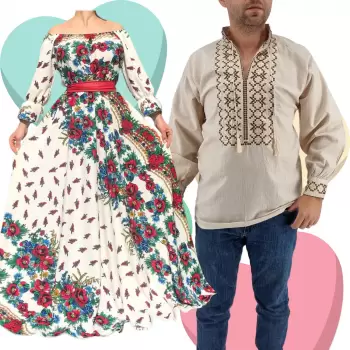 Set Cuplu Traditional 429 Camasa Traditionala si Rochie cu motive traditionale imagine