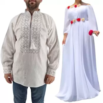 Set Cuplu Traditional 432 Camasa Traditionala si Rochie Lunga Alba imagine