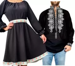 Set Cuplu Traditional 85 Camasa Traditionala si Rochie cu motive traditionale imagine