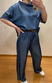 Set dama din denim satinat cu paiete discrete ,   bluza lejera + pantaloni cu talie elastica imagine