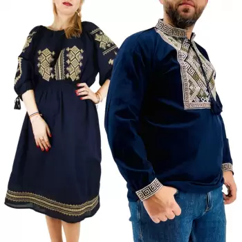 Set Traditional Cuplu 292 Camasi traditionale cu broderie si Rochie traditionala imagine