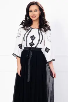 Bluza alba tip ie din vascoza cu broderie traditionala neagra imagine