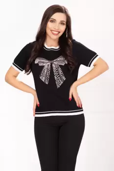 Bluza casual neagra din tricot fin cu funda din perle imagine