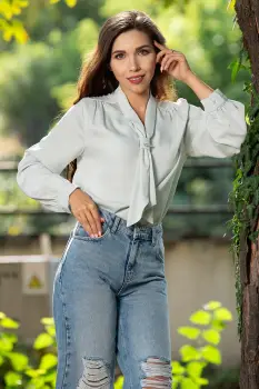 Bluza dama eleganta mint cu guler tip esarfa imagine