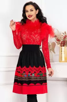 Bluza din dantela Venezia rosie cu guler amplu si volane la umeri imagine