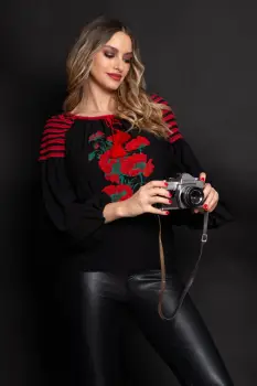 Bluza Effect neagra din vascoza cu broderie florala rosie si maneci bufante imagine