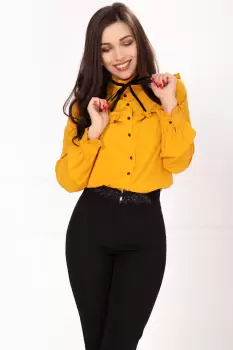 Bluza office mustar din voal cu volanase si funda stilizata din catifea imagine