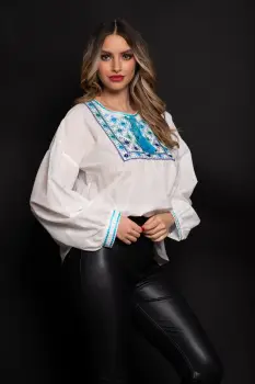 Bluza tip ie din bumbac cu broderie bleu imagine