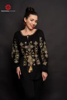 Bluza tip ie Florica neagra cu broderie aurie imagine