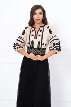 Bluza traditionala bej din in cu broderie florala imagine