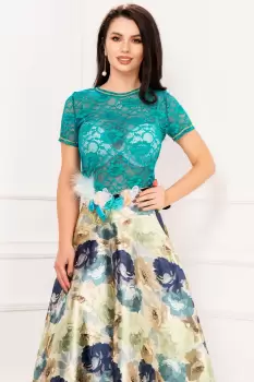 Bluza Venezia turquoise din dantela cu insertii de fir irizant imagine