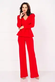 Compleu dama Marielle rosu cu peplum si pantaloni evazati imagine