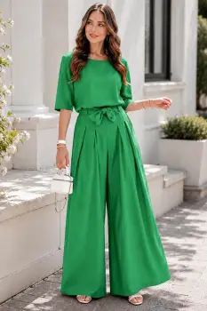 Compleu dama verde din vascoza cu pantaloni evazati imagine