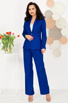 Costum dama albastru office cu sacou si pantalon drept imagine