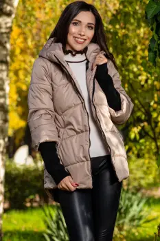 Geaca dama crem matlasata Denisa cu mansete din tricot si gluga imagine