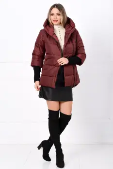 Geaca dama grena matlasata Anca cu mansete din tricot si gluga imagine