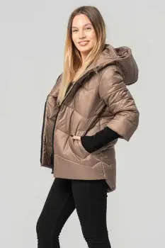 Geaca dama matlasata cappuccino Denisa cu mansete din tricot si gluga imagine