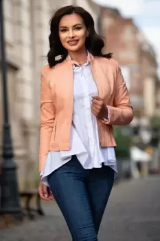 Geaca dama somon din piele eco cu zone plisate imagine