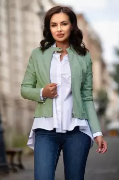 Geaca dama verde deschis din piele eco cu zone plisate imagine