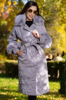 Geaca lunga gri eleganta Marianne cu guler si mansete din blana imagine