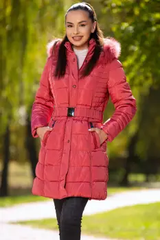 Geaca lunga matlasata culoarea roz cu gluga detasabila si blanita imagine