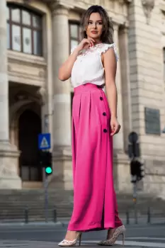 Pantaloni ciclame evazati cu crapatura si nasturi pe laterale imagine