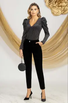 Pantaloni conici negri din catifea cu nature pretios imagine