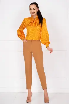 Pantaloni dama office bej conici cu tiv asimetric imagine