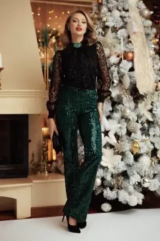 Pantaloni de ocazie Fofy din catifea cu paiete verzi imagine