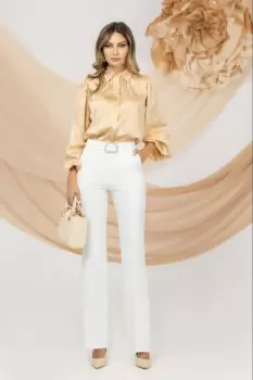 Pantaloni ecru eleganti Pretty Girl evazati cu talie inalta imagine