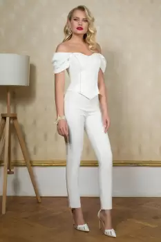 Pantaloni eleganti Pretty Girl ecru conici cu banda cu perle in lateral imagine