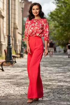 Pantaloni evazati corai din vascoza cu talie inalta imagine