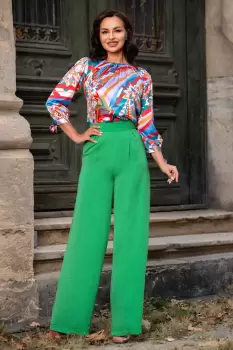 Pantaloni evazati verzi din vascoza cu talie inalta imagine