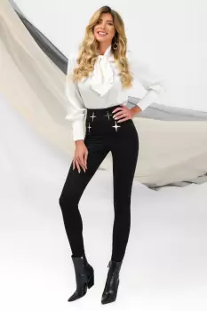 Pantaloni negri Pretty Girl tip colant cu stele aurii decorative imagine