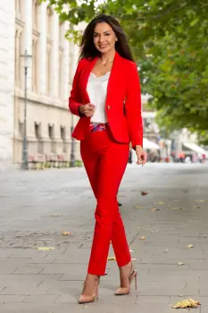 Pantaloni office dama rosii cu betelie imprimata imagine