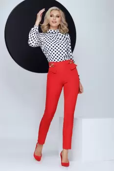 Pantaloni office Fofy rosii cu talie inalta catarame si clape decorative imagine