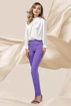 Pantaloni office Pretty Girl mov eleganti cu accesoriu metalic in talie imagine