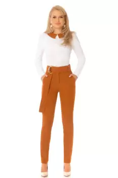 Pantaloni Pretty Girl office camel cu accesoriu metalic imagine