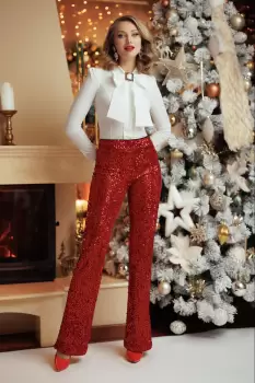 Pantaloni rosii de ocazie Fofy din catifea cu paiete imagine