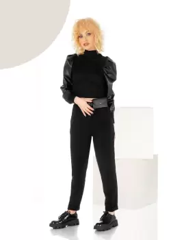 Pantaloni trendy negri cu pliuri si talie inalta imagine