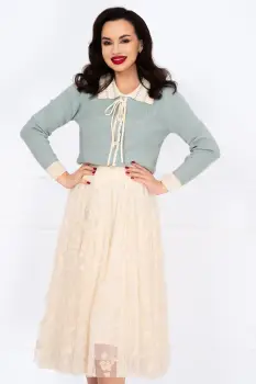 Pulover dama bleu din tricot Talia cu guler ondulat si nasturi decorativi imagine