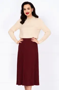 Pulover dama crem din tricot cu perle la gat si mansete imagine