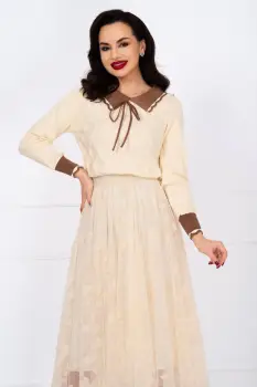 Pulover dama ecru din tricot fin June cu guler in contrast imagine