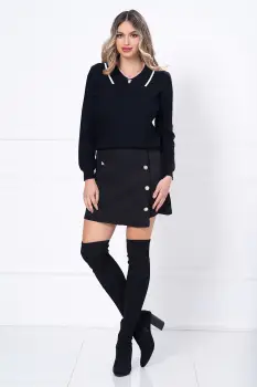 Pulover dama negru cu guler si brosa tip funda imagine