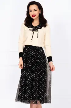 Pulover din tricot ecru Petra cu guler cu buline si brosa detasabila imagine